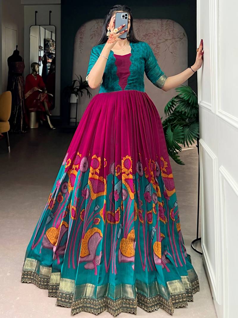 pink silk festival gown with floral & zari work