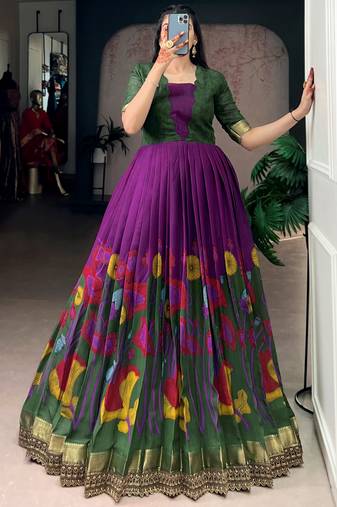 purple silk festival gown with floral & zari work