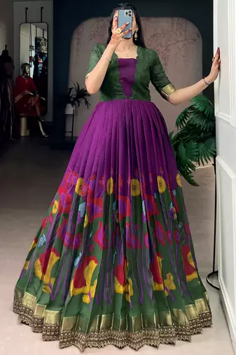 purple silk festival gown with floral & zari work