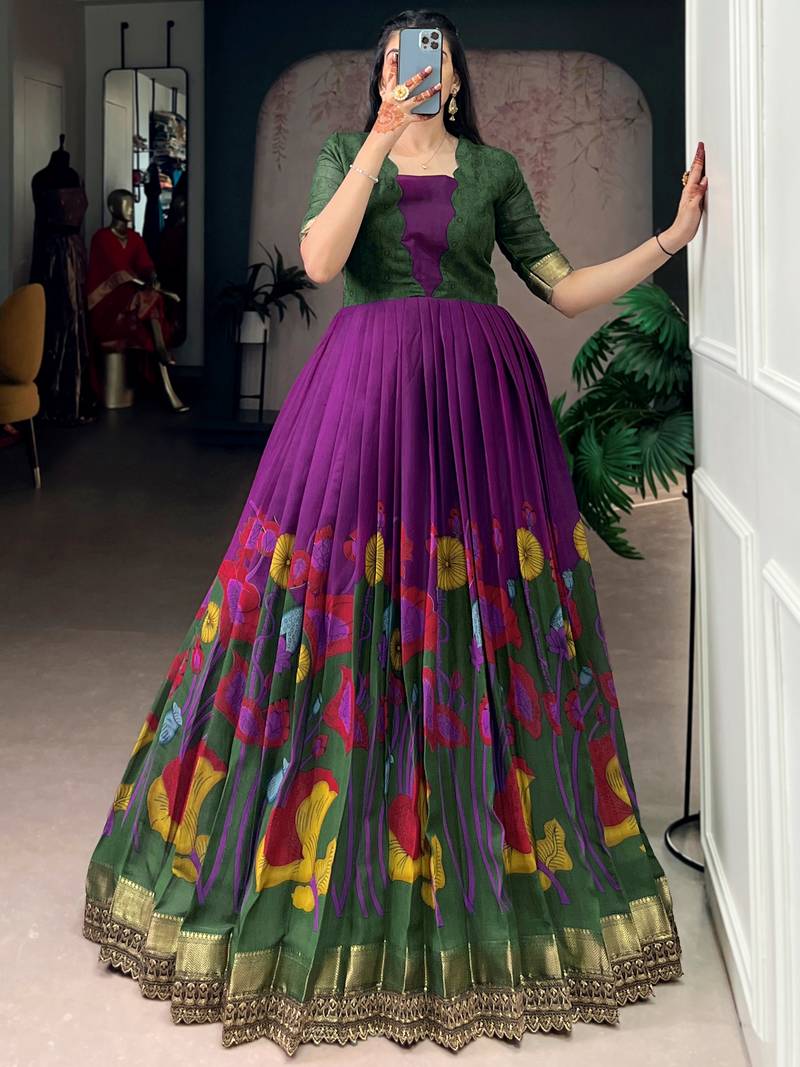 purple silk festival gown with floral & zari work
