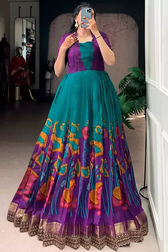 teal green silk festival gown with floral work