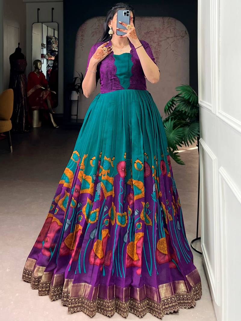 teal green silk festival gown with floral work