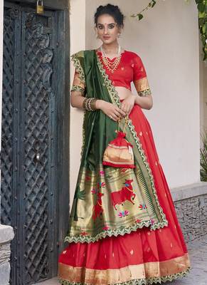 red jacquard silk chaniya choli with zari work 1