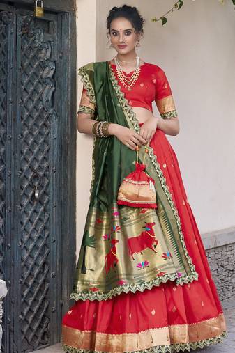 red jacquard silk chaniya choli with zari work