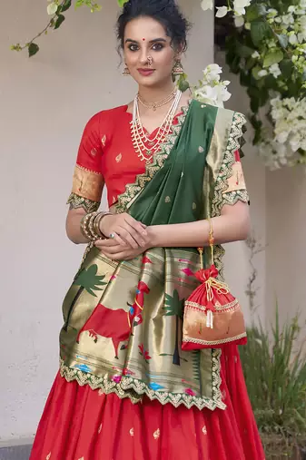 red jacquard silk chaniya choli with zari work