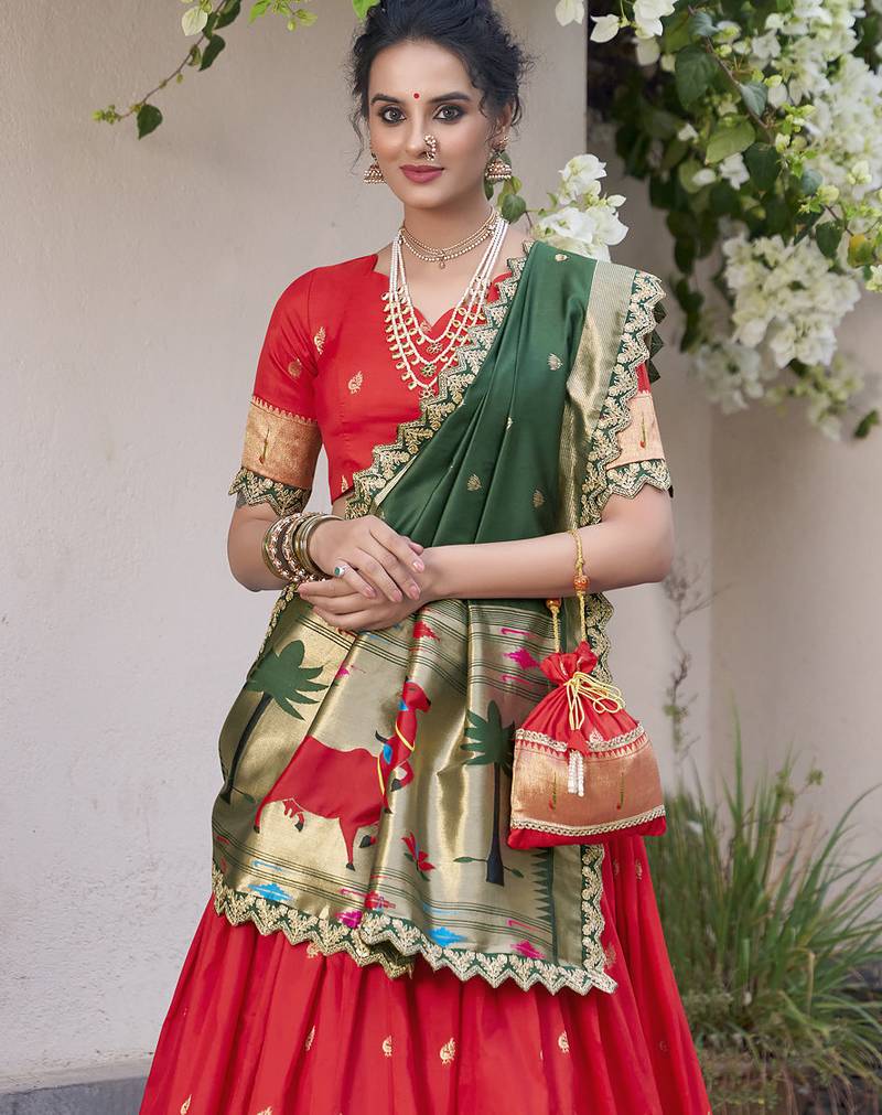 red jacquard silk chaniya choli with zari work
