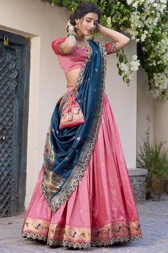 light pink jacquard silk chaniya choli with zari work