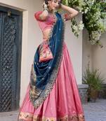 light pink jacquard silk chaniya choli with zari work