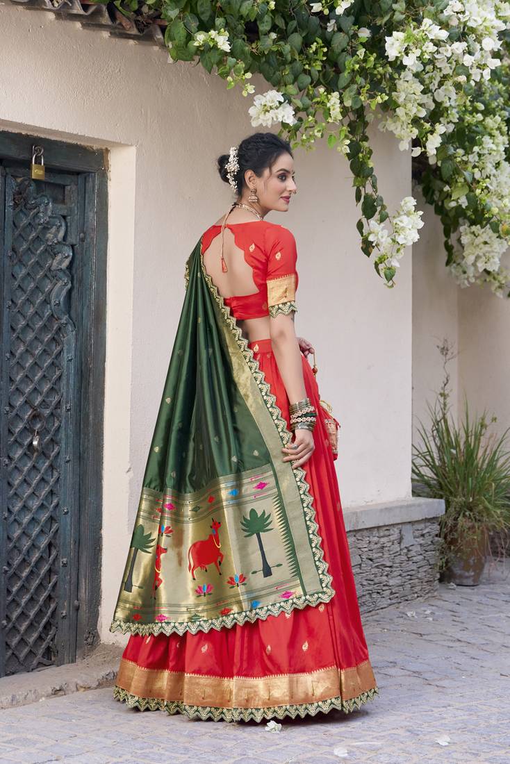 red jacquard silk chaniya choli with zari work