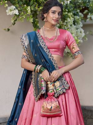 light pink jacquard silk chaniya choli with zari work 3