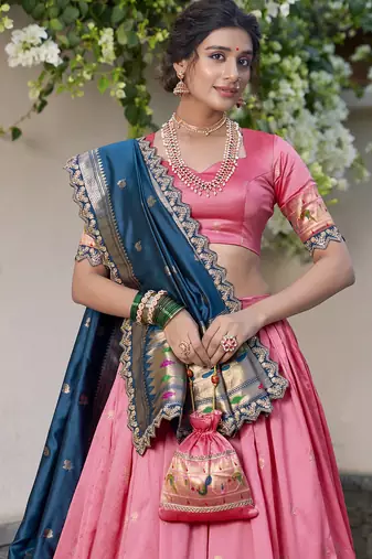 light pink jacquard silk chaniya choli with zari work