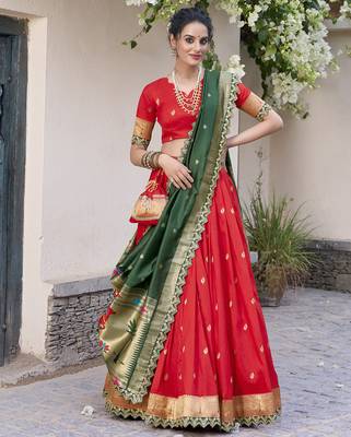 red jacquard silk chaniya choli with zari work 5