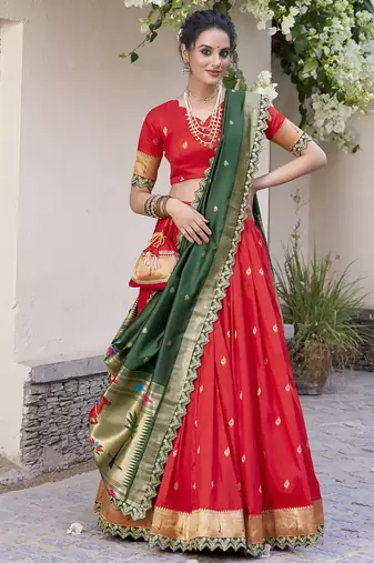 red jacquard silk chaniya choli with zari work