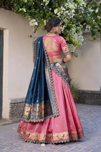 light pink jacquard silk chaniya choli with zari work