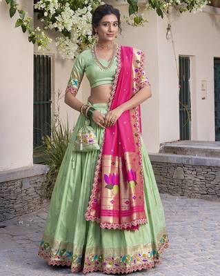 green jacquard silk chaniya choli with zari work 1