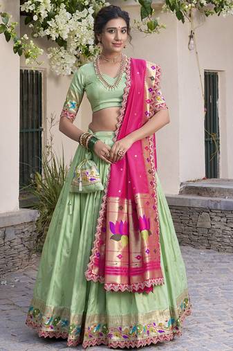 green jacquard silk chaniya choli with zari work