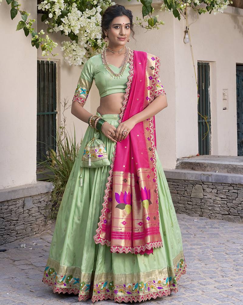 green jacquard silk chaniya choli with zari work