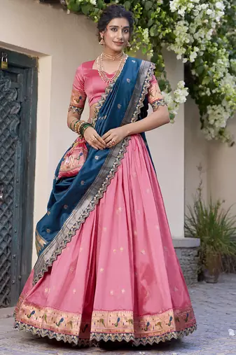 light pink jacquard silk chaniya choli with zari work