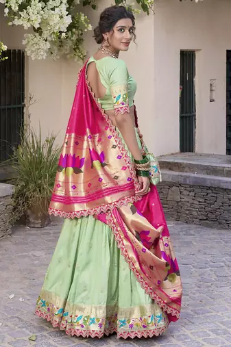 green jacquard silk chaniya choli with zari work