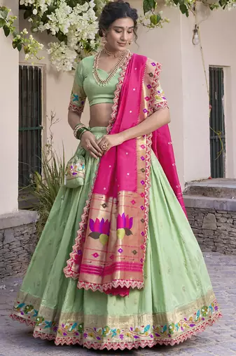 green jacquard silk chaniya choli with zari work
