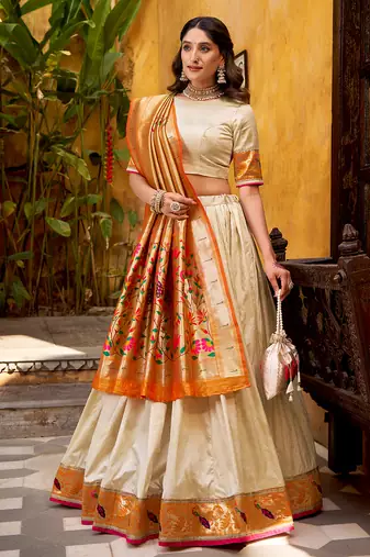 off white paithani silk chaniya choli with zari work