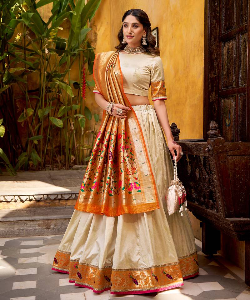 off white paithani silk chaniya choli with zari work