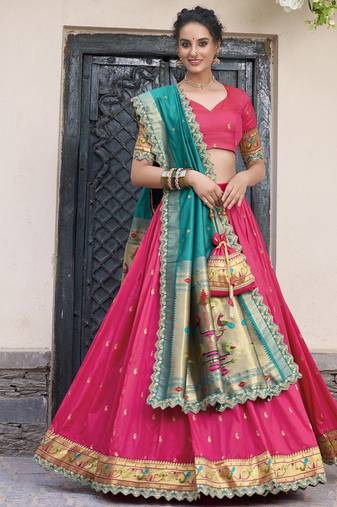 pink jacquard silk chaniya choli with zari work