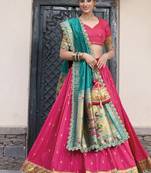 pink jacquard silk chaniya choli with zari work