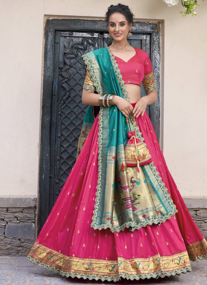 pink jacquard silk chaniya choli with zari work