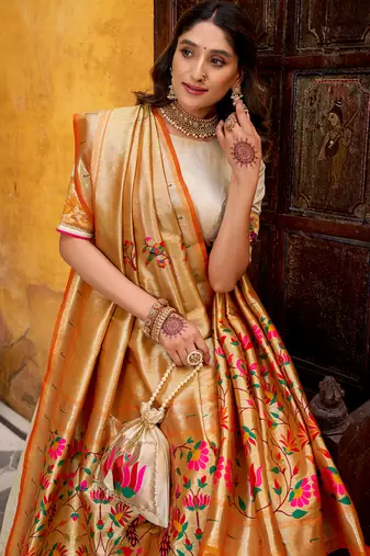off white paithani silk chaniya choli with zari work