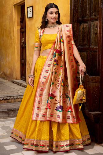 yellow paithani silk chaniya choli with zari work