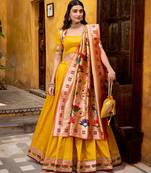 yellow paithani silk chaniya choli with zari work