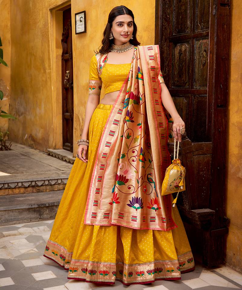 yellow paithani silk chaniya choli with zari work