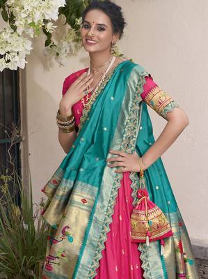 pink jacquard silk chaniya choli with zari work 3