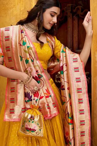 yellow paithani silk chaniya choli with zari work
