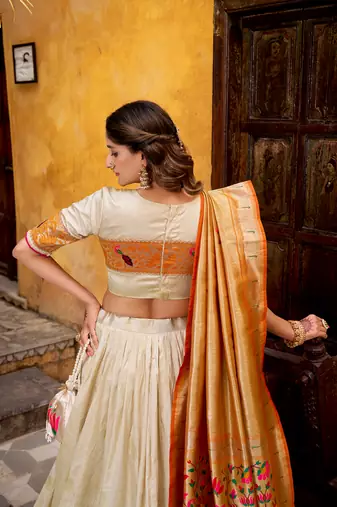 off white paithani silk chaniya choli with zari work