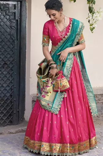 pink jacquard silk chaniya choli with zari work