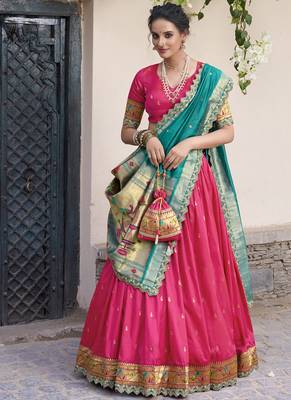 pink jacquard silk chaniya choli with zari work 5