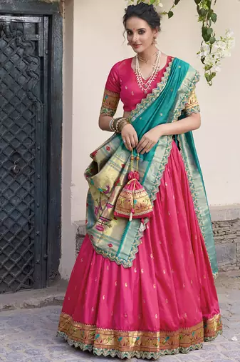 pink jacquard silk chaniya choli with zari work