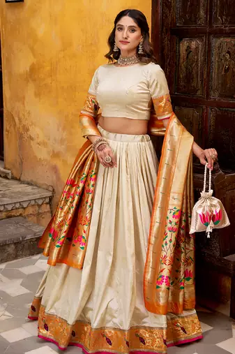 off white paithani silk chaniya choli with zari work