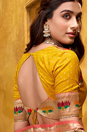 yellow paithani silk chaniya choli with zari work