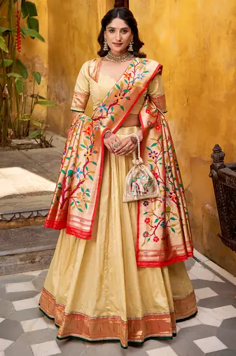 cream paithani silk chaniya choli with zari work
