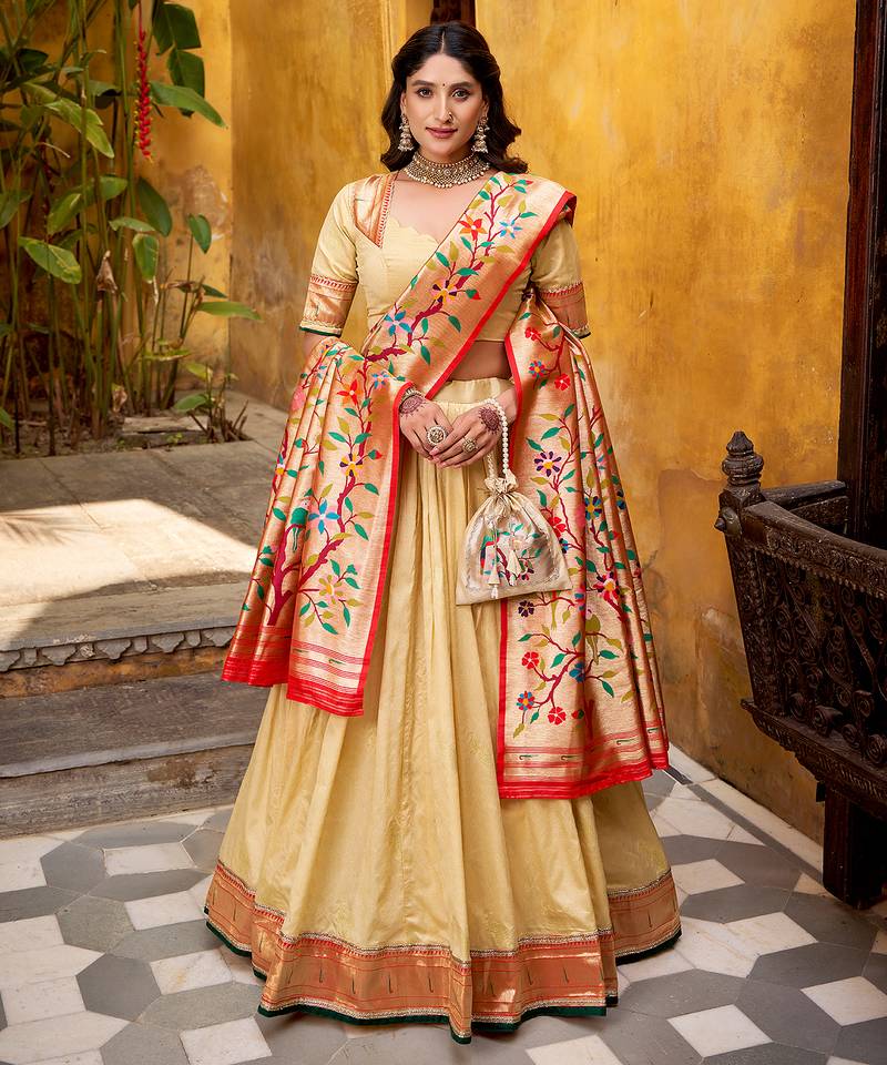 cream paithani silk chaniya choli with zari work