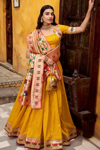 yellow paithani silk chaniya choli with zari work