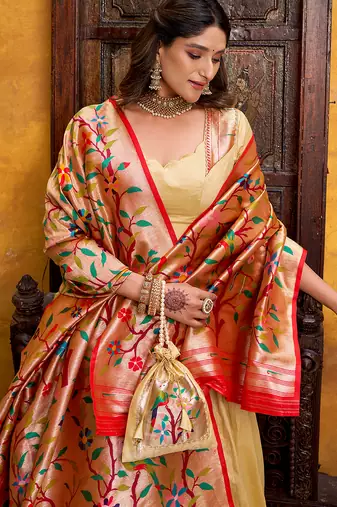 cream paithani silk chaniya choli with zari work