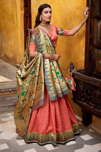 peach paithani silk chaniya choli with zari work