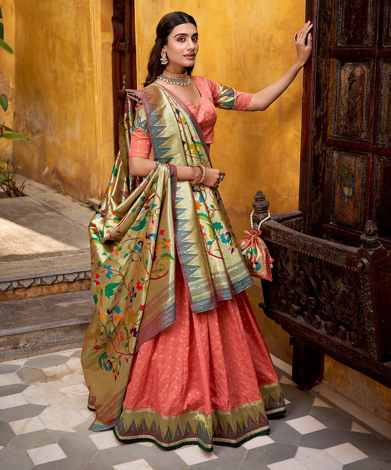 peach paithani silk chaniya choli with zari work