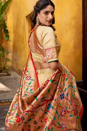 cream paithani silk chaniya choli with zari work