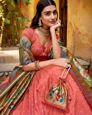 peach paithani silk chaniya choli with zari work 3