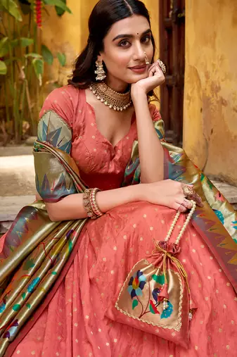 peach paithani silk chaniya choli with zari work